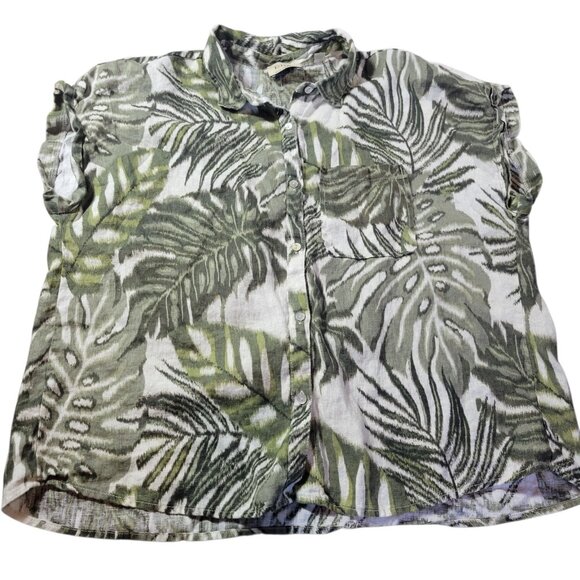 Elie Tahari Shirt Womens Large Green Floral Button Up 100% Linen Top - Picture 1 of 7